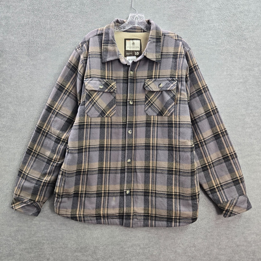 Legendary Whitetails Men Jacket Large Gray Plaid Shacket Fleece Pockets READ